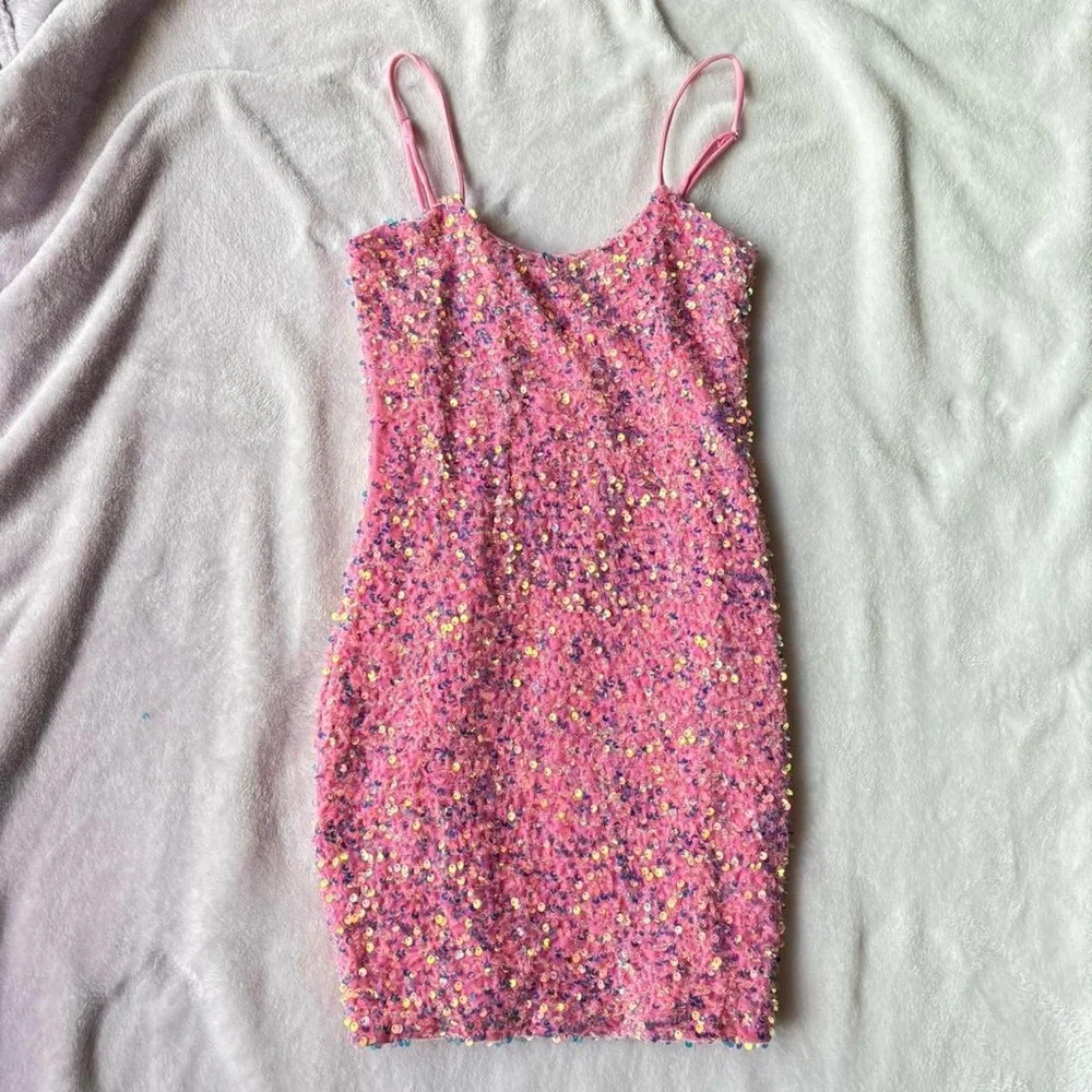Lucy in the sky bubblegum pink sequin beaded spaghetti strap mini dress